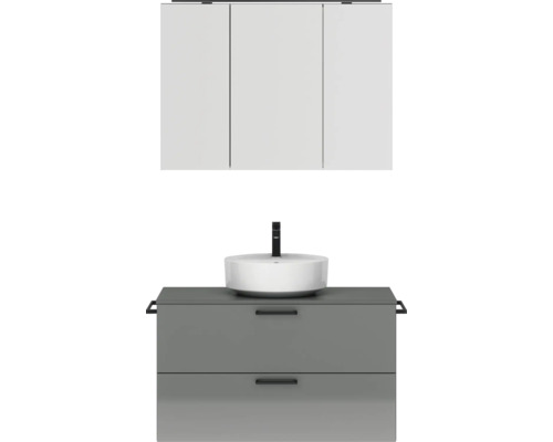 Ensemble de meubles de salle de bains NOBILIA Modern lxhxp 100 x 169,1 x 49 cm couleur de façade gris haute brillance avec armoire de toilette à éclairage LED poignée noir 716