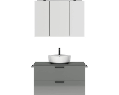 Badmöbel-Set NOBILIA Modern BxHxT 100 x 169,1 x 49 cm Frontfarbe grau hochglanz mit Spiegelschrank mit LED-Beleuchtung Griff schwarz 716 Waschtischkombination mit Waschbecken, Armatur und Spiegelschrank