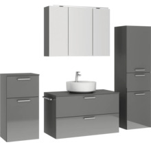 Badmöbel-Set NOBILIA Modern BxHxT 180 x 169,1 x 49 cm Frontfarbe grau hochglanz mit Spiegelschrank mit LED-Beleuchtung Unterschrank Midischrank Griff chrom matt 741