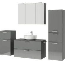 Badmöbel-Set NOBILIA Modern BxHxT 180 x 169,1 x 49 cm Frontfarbe grau hochglanz mit Spiegelschrank mit LED-Beleuchtung Unterschrank Midischrank Griff chrom matt 741