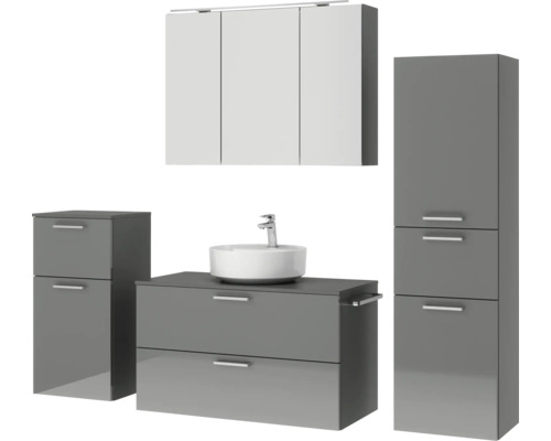 Badezimmermöbelset mit Waschtisch, Waschbecken, Spiegelschrank und Hochschrank