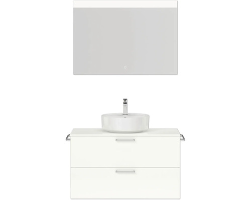 Badmöbel-Set NOBILIA Modern BxHxT 100 x 169,1 x 49 cm Frontfarbe weiß hochglanz mit Spiegel eckig mit LED-Beleuchtung Griff chrom matt 707 Waschtischkombination mit Aufsatzwaschbecken, Unterschrank mit zwei Schubladen und Spiegel mit Beleuchtung
