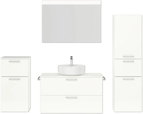 Ensemble de meubles de salle de bains NOBILIA Modern lxhxp 180 x 169,1 x 49 cm couleur de façade blanc haute brillance avec miroir à éclairage LED meuble bas armoire midi poignée chrome mat 731