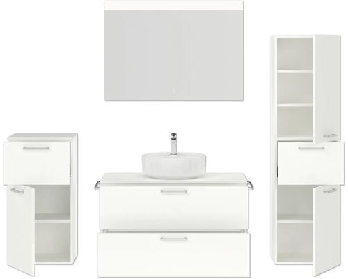 Ensemble de salle de bains avec lavabo, miroir et armoires hautes