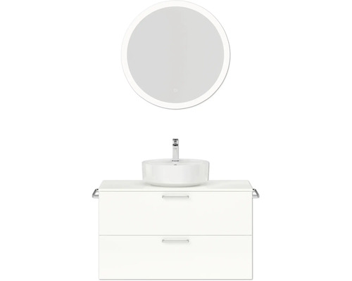 Badmöbel-Set NOBILIA Modern BxHxT 100 x 169,1 x 49 cm Frontfarbe weiß hochglanz mit Spiegel rund mit LED-Beleuchtung Griff chrom matt 723 Badezimmereinrichtung mit rundem Spiegel, Waschbecken und Unterschrank mit Schubladen