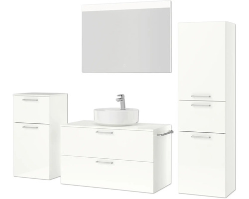 Ensemble de salle de bains avec meuble-lavabo, vasque à poser, armoire de toilette et armoire haute