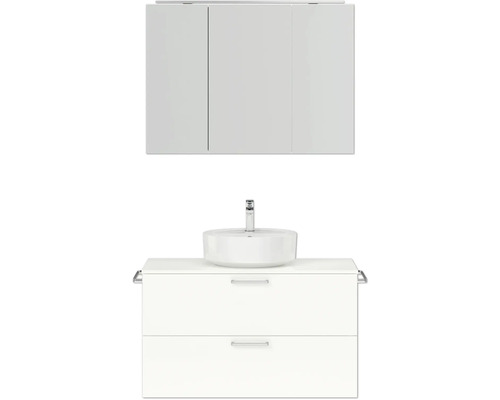 Badmöbel-Set NOBILIA Modern BxHxT 100 x 169,1 x 49 cm Frontfarbe weiß hochglanz mit Spiegelschrank mit LED-Beleuchtung Griff chrom matt 715 Badezimmer-Waschtischkombination mit Aufsatzwaschbecken und Spiegelschrank