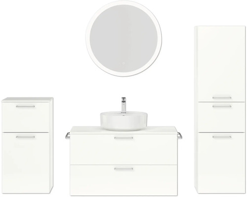 Ensemble de meubles de salle de bains NOBILIA Modern lxhxp 180 x 169,1 x 49 cm couleur de façade blanc haute brillance avec miroir rond à éclairage LED meuble bas armoire midi poignée chrome mat 747