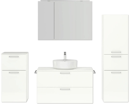 Ensemble de meubles de salle de bains NOBILIA Modern lxhxp 180 x 169,1 x 49 cm couleur de façade blanc haute brillance avec armoire de toilette à éclairage LED meuble bas armoire midi poignée chrome mat 739