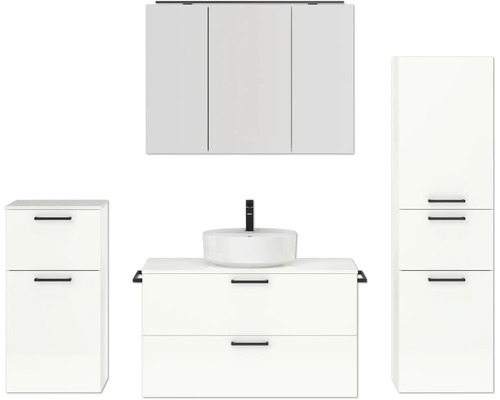 Ensemble de meubles de salle de bains NOBILIA Modern lxhxp 180 x 169,1 x 49 cm couleur de façade blanc haute brillance avec armoire de toilette à éclairage LED meuble bas armoire midi poignée noir 738