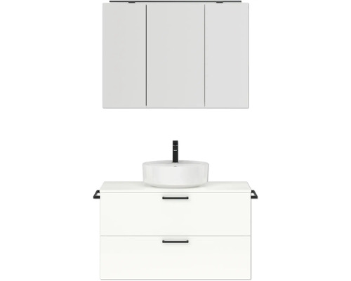 Badmöbel-Set NOBILIA Modern BxHxT 100 x 169,1 x 49 cm Frontfarbe weiß hochglanz mit Spiegelschrank mit LED-Beleuchtung Griff schwarz 714