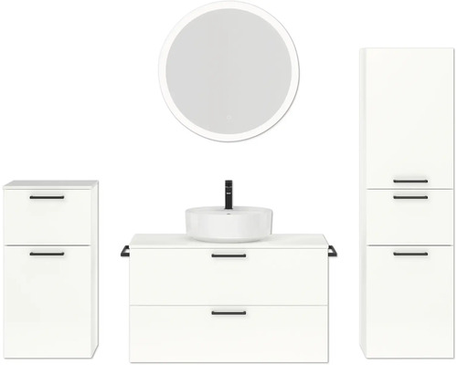 Ensemble de meubles de salle de bains NOBILIA Modern lxhxp 180 x 169,1 x 49 cm couleur de façade blanc haute brillance avec miroir rond à éclairage LED meuble bas armoire midi poignée noir 746