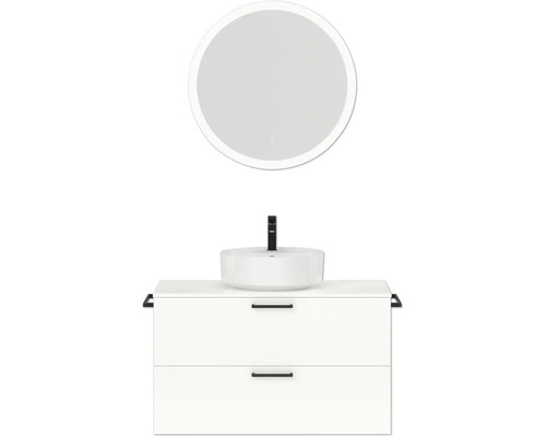 Badmöbel-Set NOBILIA Modern BxHxT 100 x 169,1 x 49 cm Frontfarbe weiß hochglanz mit Spiegel rund mit LED-Beleuchtung Griff schwarz 722 Waschtisch mit Aufsatzwaschbecken, Armatur und rundem Spiegel im Badezimmer