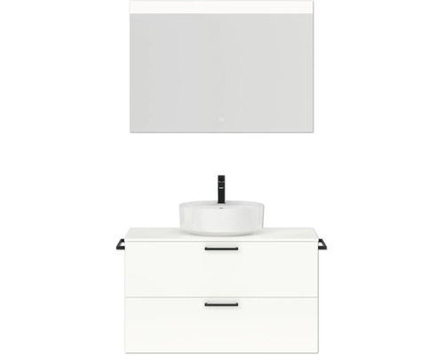 Badmöbel-Set NOBILIA Modern BxHxT 100 x 169,1 x 49 cm Frontfarbe weiß hochglanz mit Spiegel eckig mit LED-Beleuchtung Griff schwarz 706 Badezimmerensemble mit Waschtischunterschrank, Aufsatzwaschbecken und Spiegel