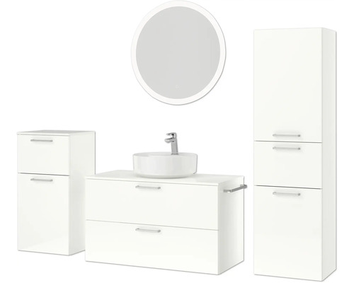 Ensemble de salle de bains avec meuble-lavabo, vasque à poser, armoire de toilette et armoire haute