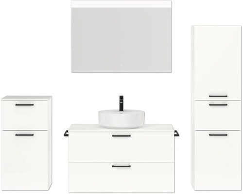 Badmöbel-Set NOBILIA Modern BxHxT 180 x 169,1 x 49 cm Frontfarbe weiß hochglanz mit Spiegel mit LED-Beleuchtung Unterschrank Midischrank Griff schwarz 730