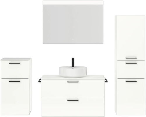 Ensemble de meubles de salle de bains NOBILIA Modern lxhxp 180 x 169,1 x 49 cm couleur de façade blanc haute brillance avec miroir à éclairage LED meuble bas armoire midi poignée noir 730