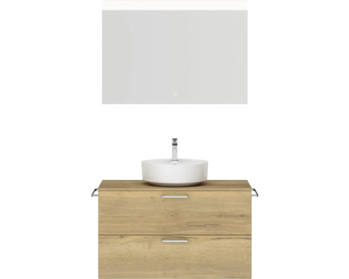 Badmöbel-Set NOBILIA Modern BxHxT 100 x 169,1 x 49 cm Frontfarbe eiche hell mit Spiegel eckig mit LED-Beleuchtung Griff chrom matt 711 Waschtisch mit Waschbecken und Spiegel für das Badezimmer