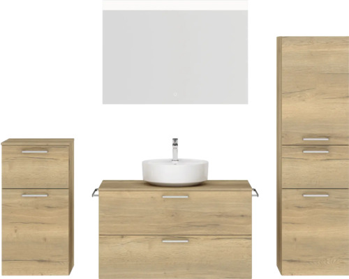 Ensemble de meubles de salle de bains NOBILIA Modern lxhxp 180 x 169,1 x 49 cm couleur de façade chêne clair avec miroir à éclairage LED meuble bas armoire midi poignée chrome mat 735