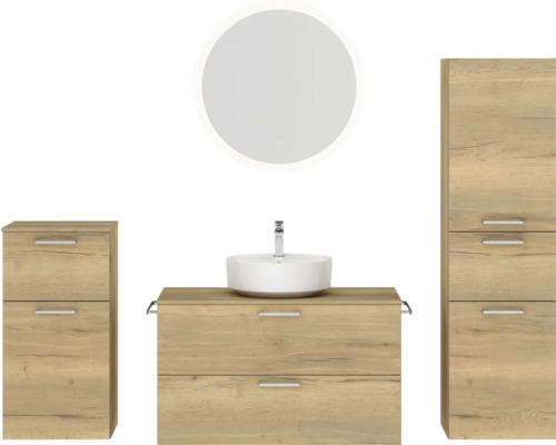 Ensemble de meubles de salle de bains NOBILIA Modern lxhxp 180 x 169,1 x 49 cm couleur de façade chêne clair avec miroir rond à éclairage LED meuble bas armoire midi poignée chrome mat 751