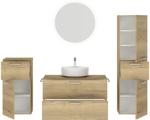 Badezimmer-Set mit Waschtisch, Spiegel und Schränken im Holzdesign
