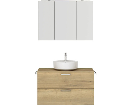 Badmöbel-Set NOBILIA Modern BxHxT 100 x 169,1 x 49 cm Frontfarbe eiche hell mit Spiegelschrank mit LED-Beleuchtung Griff chrom matt 719 Badezimmer-Set mit Waschtischunterschrank, Aufsatzwaschbecken und Spiegelschrank