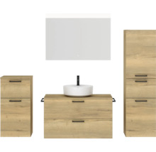 Badmöbel-Set NOBILIA Modern BxHxT 180 x 169,1 x 49 cm Frontfarbe eiche hell mit Spiegel mit LED-Beleuchtung Unterschrank Midischrank Griff schwarz 734