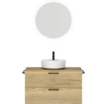 Badmöbel-Set NOBILIA Modern BxHxT 100 x 169,1 x 49 cm Frontfarbe eiche hell mit Spiegel rund mit LED-Beleuchtung Griff schwarz 726