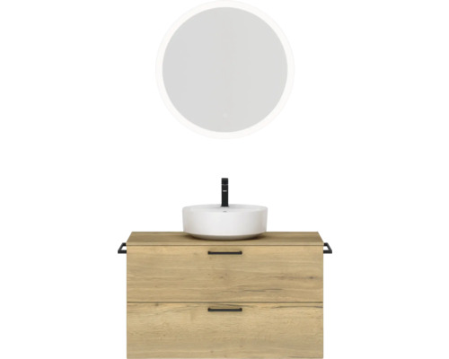 Badmöbel-Set NOBILIA Modern BxHxT 100 x 169,1 x 49 cm Frontfarbe eiche hell mit Spiegel rund mit LED-Beleuchtung Griff schwarz 726 Waschtischunterschrank mit Aufsatzwaschbecken und rundem Spiegel für das Badezimmer