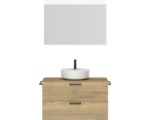 Badmöbel-Set NOBILIA Modern BxHxT 100 x 169,1 x 49 cm Frontfarbe eiche hell mit Spiegel eckig mit LED-Beleuchtung Griff schwarz 710 Badezimmer-Waschtischkombination mit Spiegel, Waschbecken und Unterschrank mit Schubladen