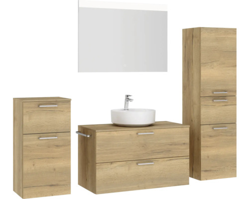Badezimmerensemble mit Waschtisch, Spiegel und Schrank in Holzoptik