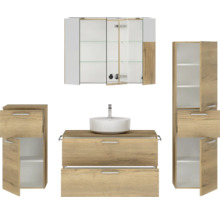 Badmöbel-Set NOBILIA Modern BxHxT 180 x 169,1 x 49 cm Frontfarbe eiche hell mit Spiegelschrank mit LED-Beleuchtung Unterschrank Midischrank Griff chrom matt 743