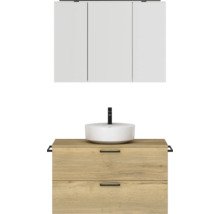 Badmöbel-Set NOBILIA Modern BxHxT 100 x 169,1 x 49 cm Frontfarbe eiche hell mit Spiegelschrank mit LED-Beleuchtung Griff schwarz 718