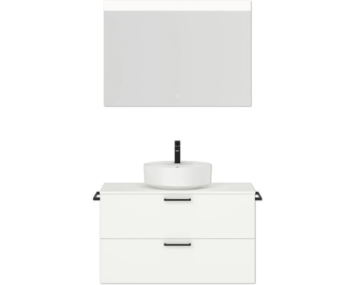 Badmöbel-Set NOBILIA Modern BxHxT 100 x 59,1 x 49 cm Frontfarbe weiß mit Spiegel eckig mit LED-Beleuchtung Griff schwarz 704 Waschtischkombination mit Aufsatzwaschbecken, Spiegel, Unterschrank mit zwei Schubladen und Armatur