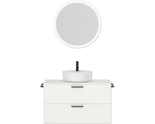 Badmöbel-Set NOBILIA Modern BxHxT 100 x 169,1 x 49 cm Frontfarbe weiß mit Spiegel rund mit LED-Beleuchtung Griff schwarz 720 Waschtischkombination mit rundem Spiegel, Aufsatzwaschbecken und Unterschrank mit zwei Schubladen