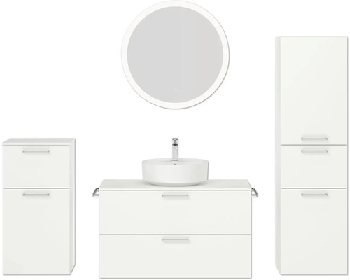 Ensemble de meubles de salle de bains NOBILIA Modern lxhxp 180 x 169,1 x 49 cm couleur de façade blanc avec miroir rond à éclairage LED meuble bas armoire midi poignée chrome mat 745