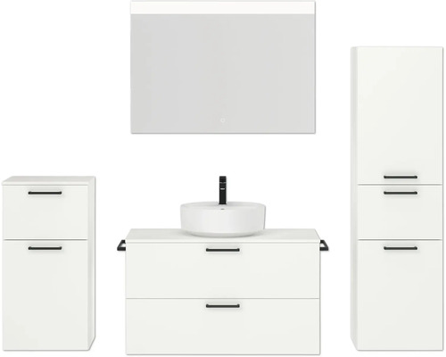 Ensemble de meubles de salle de bains NOBILIA Modern lxhxp 180 x 169,1 x 49 cm couleur de façade blanc avec miroir à éclairage LED meuble bas armoire midi poignée noir 728
