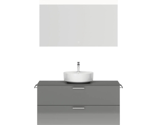 Badmöbel-Set NOBILIA Modern BxHxT 120 x 169,1 x 49 cm Frontfarbe grau hochglanz mit Spiegel eckig mit LED-Beleuchtung Griff chrom matt 765 Waschtischkombination mit Aufsatzwaschbecken und Spiegel