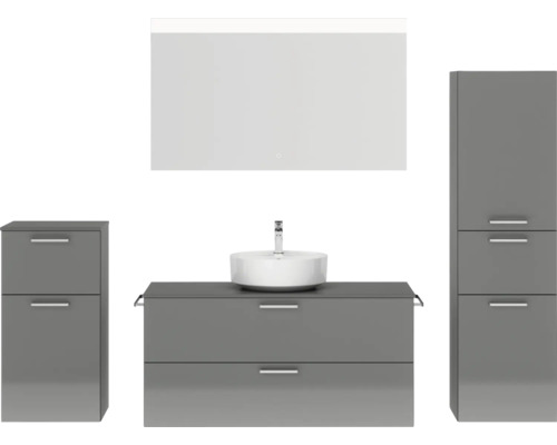 Badmöbel-Set NOBILIA Modern BxHxT 200 x 169,1 x 49 cm Frontfarbe grau hochglanz mit Spiegel mit LED-Beleuchtung Unterschrank Midischrank Griff chrom matt 789 Modernes Badezimmer-Set mit Waschtisch, Spiegel und Hochschrank für eine stilvolle Badezimmereinrichtung