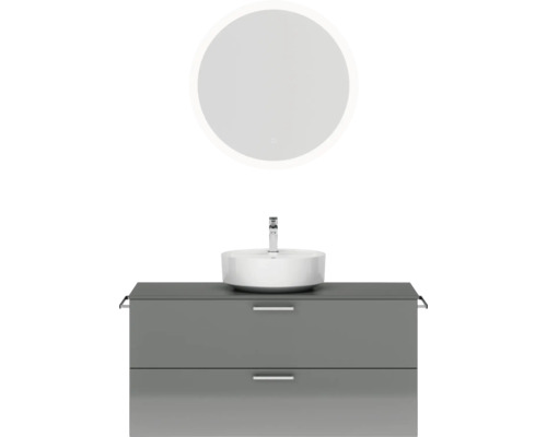 Badmöbel-Set NOBILIA Modern BxHxT 120 x 169,1 x 49 cm Frontfarbe grau hochglanz mit Spiegel rund mit LED-Beleuchtung Griff chrom matt 781 Badezimmerensemble mit rundem Spiegel, Aufsatzwaschbecken und Unterschrank