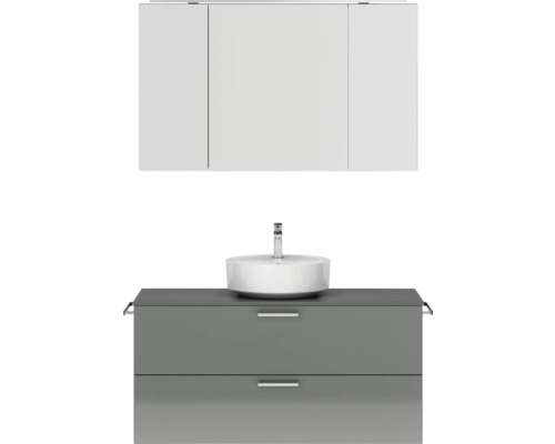 Badmöbel-Set NOBILIA Modern BxHxT 120 x 169,1 x 49 cm Frontfarbe grau hochglanz mit Spiegelschrank mit LED-Beleuchtung Griff chrom matt 773