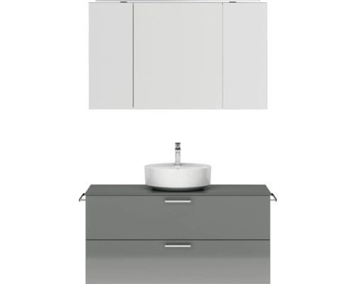 Badmöbel-Set NOBILIA Modern BxHxT 120 x 169,1 x 49 cm Frontfarbe grau hochglanz mit Spiegelschrank mit LED-Beleuchtung Griff chrom matt 773 Badezimmer-Set mit Waschbecken, Unterschrank und Spiegelschrank