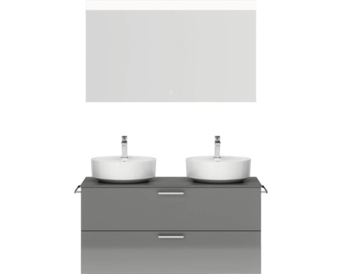 Ensemble de meubles de salle de bains double NOBILIA Modern lxhxp 120 x 169,1 x 49 cm couleur de façade gris haute brillance avec miroir rectangulaire à éclairage LED poignée chrome mat 821