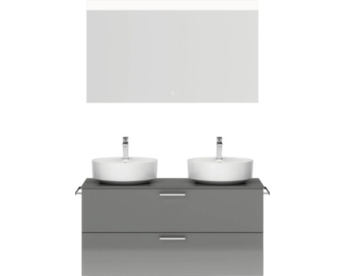 Doppel-Badmöbel-Set NOBILIA Modern BxHxT 120 x 169,1 x 49 cm Frontfarbe grau hochglanz mit Spiegel eckig mit LED-Beleuchtung Griff chrom matt 821 Badezimmermöbel-Set mit Doppelwaschbecken, Unterschrank mit Schubladen und Spiegel