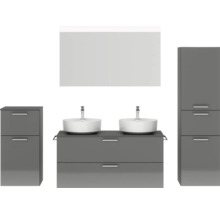 Doppel-Badmöbel-Set NOBILIA Modern BxHxT 200 x 169,1 x 49 cm Frontfarbe grau hochglanz mit Spiegel mit LED-Beleuchtung Unterschrank Midischrank Griff chrom matt 837