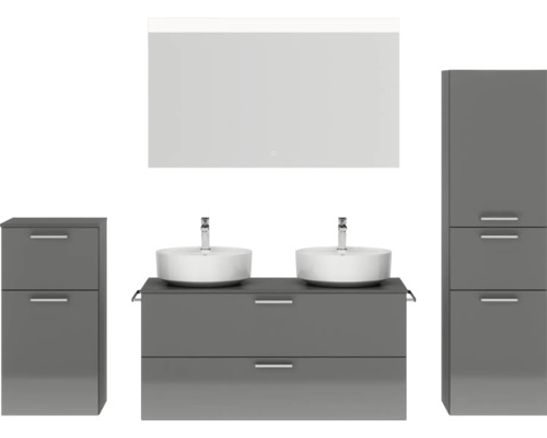 Doppel-Badmöbel-Set NOBILIA Modern BxHxT 200 x 169,1 x 49 cm Frontfarbe grau hochglanz mit Spiegel mit LED-Beleuchtung Unterschrank Midischrank Griff chrom matt 837 Graues Badezimmerset mit Waschbeckenunterschrank, Waschbecken, Spiegelschrank und Hochschrank