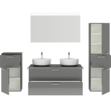 Doppel-Badmöbel-Set NOBILIA Modern BxHxT 200 x 169,1 x 49 cm Frontfarbe grau hochglanz mit Spiegel mit LED-Beleuchtung Unterschrank Midischrank Griff chrom matt 837