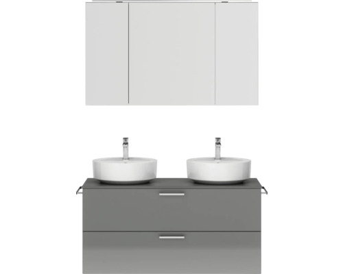 Ensemble de meubles de salle de bains double NOBILIA Modern lxhxp 120 x 169,1 x 49 cm couleur de façade gris haute brillance avec armoire de toilette à éclairage LED poignée chrome mat 829