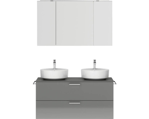 Doppel-Badmöbel-Set NOBILIA Modern BxHxT 120 x 169,1 x 49 cm Frontfarbe grau hochglanz mit Spiegelschrank mit LED-Beleuchtung Griff chrom matt 829 Doppelwaschtisch mit Unterschrank und Spiegelschrank für das Badezimmer