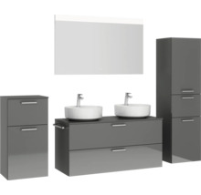 Doppel-Badmöbel-Set NOBILIA Modern BxHxT 200 x 169,1 x 49 cm Frontfarbe grau hochglanz mit Spiegel mit LED-Beleuchtung Unterschrank Midischrank Griff chrom matt 837